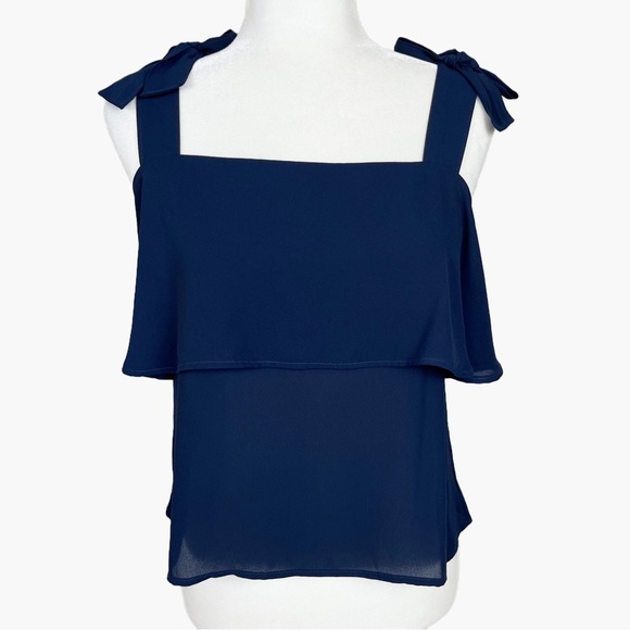 LOFT TIERED SQUARE NECK TANK TOP BOW STRAPS SIZE SMALL PETITE NAVY BLUE - Picture 2 of 16